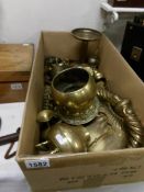 A box of assorted brassware including crumb tray,