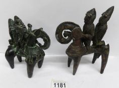 2 Bronze Asian deity figures riding on mythical animals