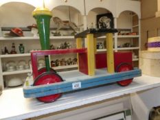 A toy wooden train