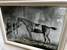 A large framed and glazed Victorian photographic reproduction of horse with handlers