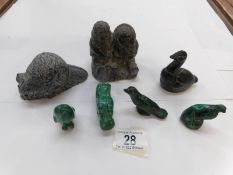 3 Inuit figures and 4 carved malachite animal figures