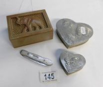 3 trinket boxes and an ornate paperknife (possibly continental silver)