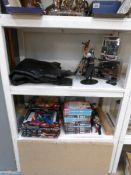 A collection of Batman, final fantasy related items including Arkham Asylum jacket, figures, books,