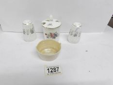 3 items of Shelley condiment items and a Belleek wash tub