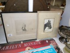 A pen and ink drawing of a horse signed J Hutton and an etching entitled 'Off the isle of Arran' by