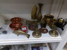 A mixed lot of brass and copper including candlesticks