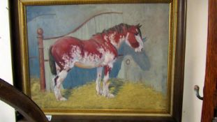A framed oil on canvas study of a horse in stable signed Clark