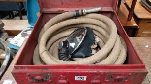 A Siebe Gorman Essgee mask and hose in tin case marked 'Antipoys No.