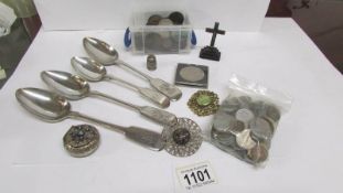 A mixed lot including coins, silver plate spoons,