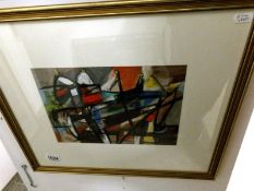 A 1970's Cornish school abstract in goauche and acrylic entitled 'Newlyn Composition orange and