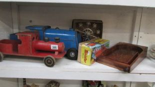 2 tin plate toys including boxed Minster car, a French wooden train,