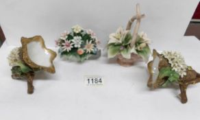 2 19th century 'Horn of Plenty' posy vases and 2 Capo-di-monte posies