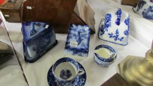 3 cheese dishes (1 missing base) and other blue and white including Wedgwood