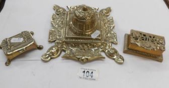 A brass single well inkstand and 2 brass stamp boxes
