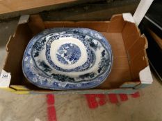 2 blue and white platters and a blue and white plate,