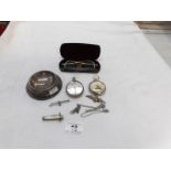 A mixed lot including vintage spectacles, 2 pocket watches, silver pin dish etc