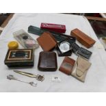 A mixed lot including tin cash box, vintage darts, leather cigar case etc