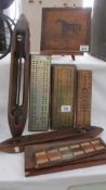 A mixed lot including cribbage boards, weaving shuttles etc