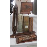 A mixed lot including cribbage boards, weaving shuttles etc