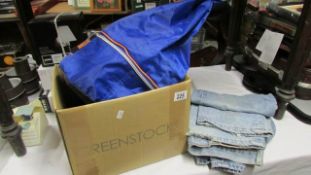 A box of miscellaneous including kit bag, jeans etc