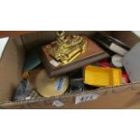 A box of miscellaneous die cast, model trains, old calculators etc