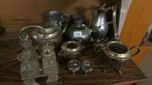 A mixed lot of metal ware including 4 bottle cruet