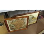 A framed and glazed map and 2 prints
