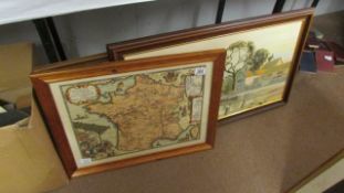 A framed and glazed map and 2 prints