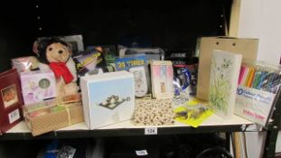 A shelf of new items including toys