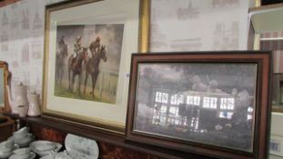 A horse racing print and a duck print