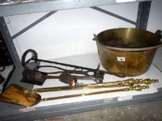 Victorian brass jam pan set of fire irons etc.