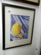 Framed and glazed still life painting 'yellow vase' signed M.