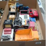 A box of Tonka inc. motorbikes on trailer etc.