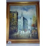 Signed oil on canvas of a continental street scene