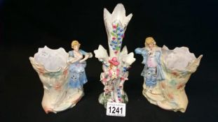 Pair of bisque spill vases with figures and 1 other