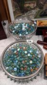 2 x 1930's glass bowls with silver plated rims containing vintage marbles