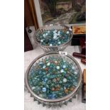2 x 1930's glass bowls with silver plated rims containing vintage marbles