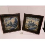 2 framed early blue and white tiles