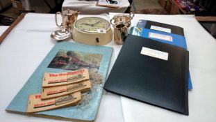 A quantity of railwayana including LNER wall clock, white metal Pullman tableware,