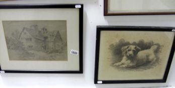 An unsigned drawing of a dog and a drawing of a cottage signed Cissie Harrison