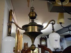A hanging brass 3 arm ceiling light 1 shade a/f