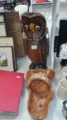 A large wooden owl and carved fruitwood bowl with handle