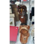 A large wooden owl and carved fruitwood bowl with handle