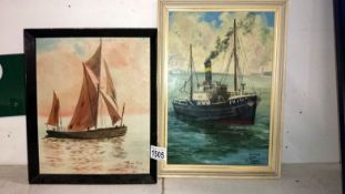 2 oils on board of a fishing trawler and a sailing boat both signed by K.C.