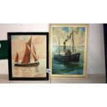 2 oils on board of a fishing trawler and a sailing boat both signed by K.C.