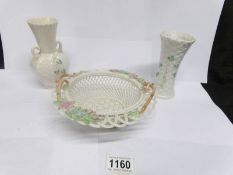 2 Belleek vases and a Belleek basket dish