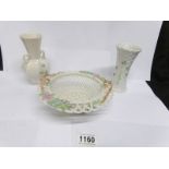 2 Belleek vases and a Belleek basket dish