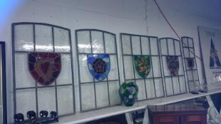 5 Victorian leaded glass panels with stained glass shield depicting lion, harp, rose & fleur de Lys