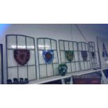 5 Victorian leaded glass panels with stained glass shield depicting lion, harp, rose & fleur de Lys