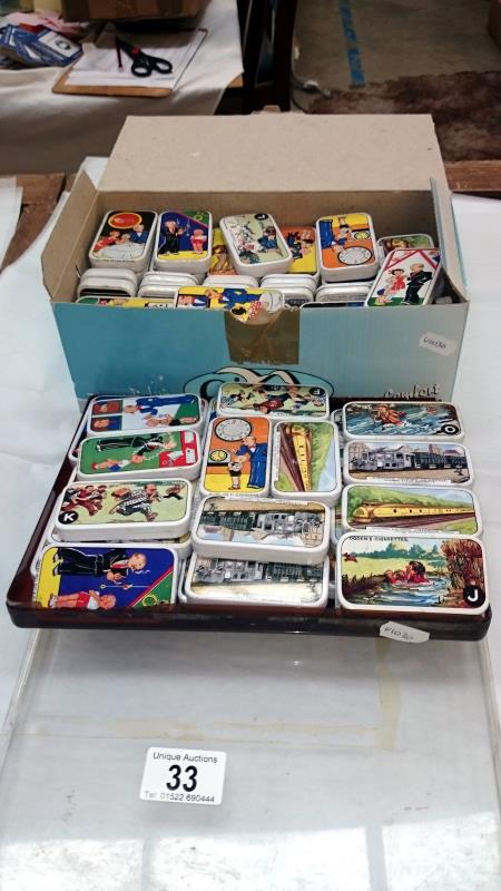 A large collection of cigarette card size collectable tins (approximately 107 tins)